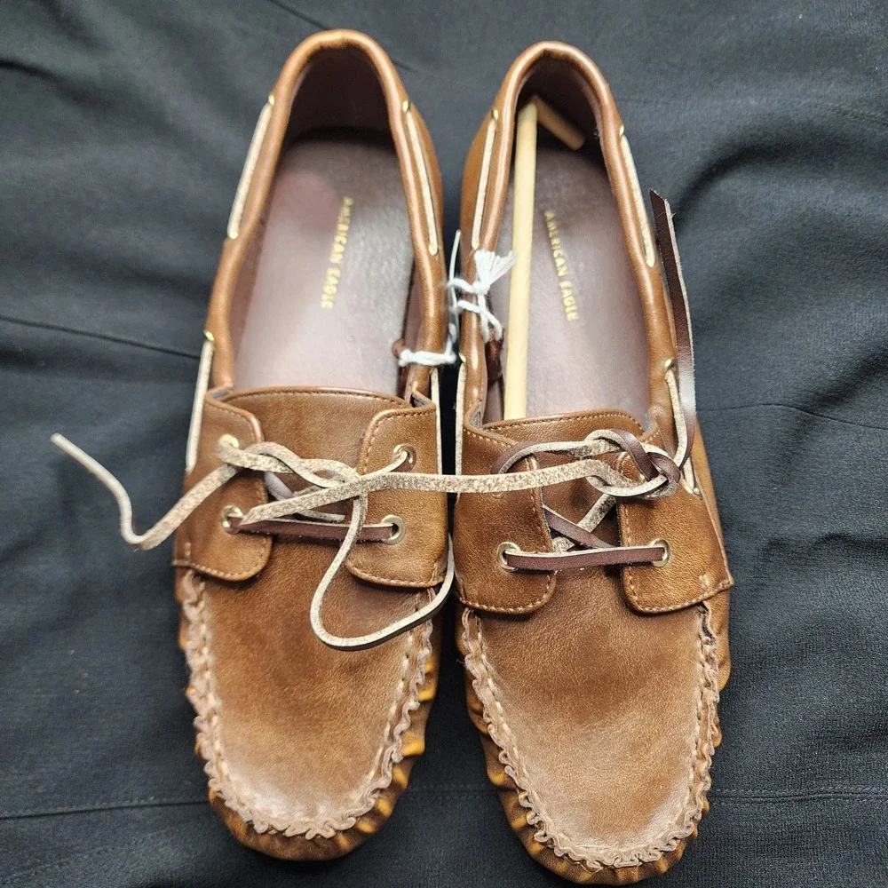 American Eagle Men Brown Faux Leather Moc Toe Boat Shoes Loafers Size‎ 8.5
